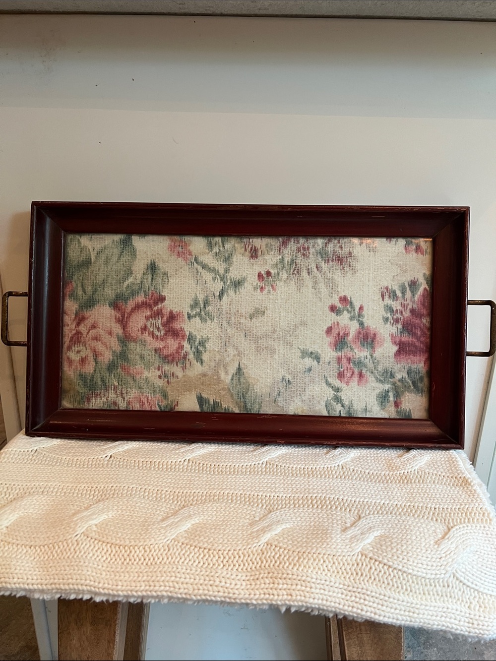 Source Unknown Floral Serving Tray - Burgundy Frame, Pink & Green Floral